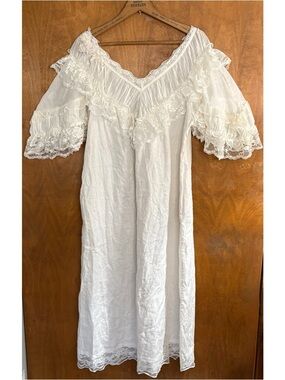 VINTAGE White Babydoll Maxi Dress Victorian Ruffle Lace Edwardian Bridgerton VTG